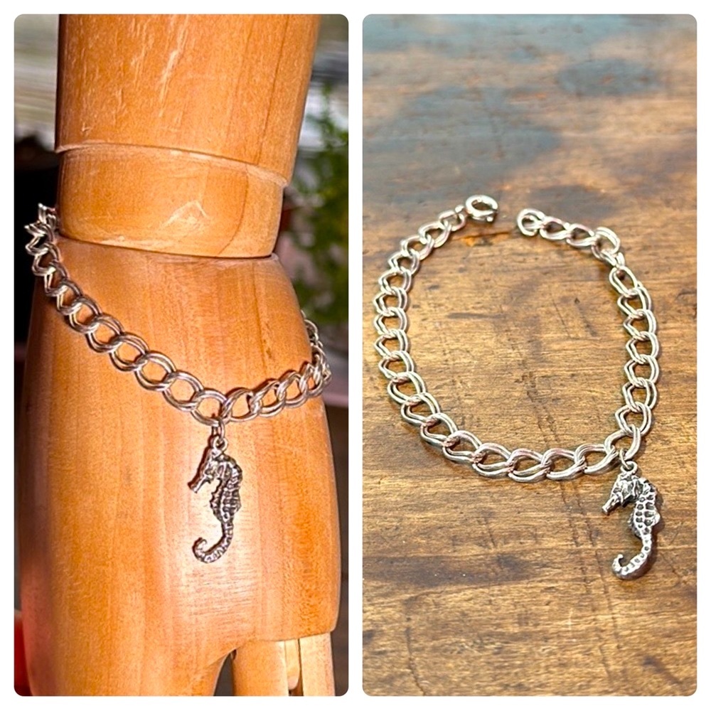 VINTAGE Sterling Dbl Link Charm Bracelet & Seahorse Charm